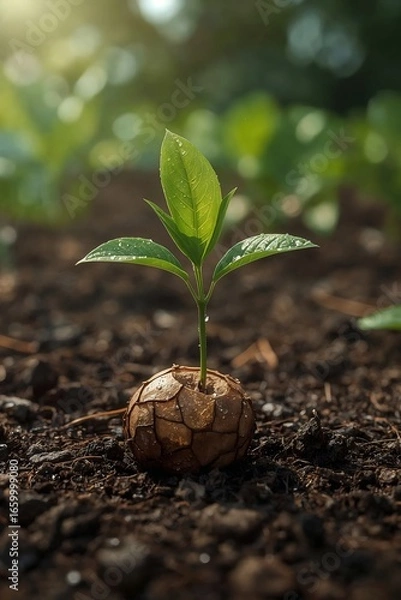 Fototapeta Ultra-Realistic 3D Mango Sapling Growing from Cracked Seed in Sunlight