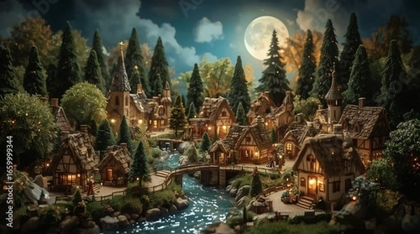 Fototapeta Enchanted Miniature Village Under Moonlit Sky with Glowing Fireflies