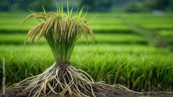 Obraz A fresh rice plant with intricate roots held above the ground, with an expansive rice field in the background, showcasing lush green plants in neat rows.