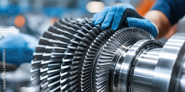 Fototapeta Industrial worker assembling turbine engine rotor in factory