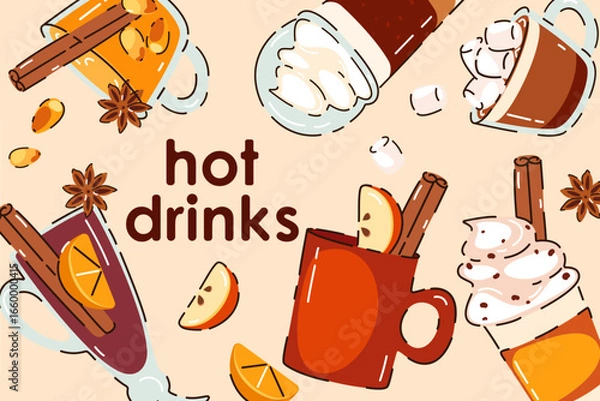 Fototapeta Banner with autumn, winter hot drinks. Pumpkin latte, hot chocolate, coffee with cream, mulled wine, cocoa with marshmallow. Background with drinks. Vector illustration.	
