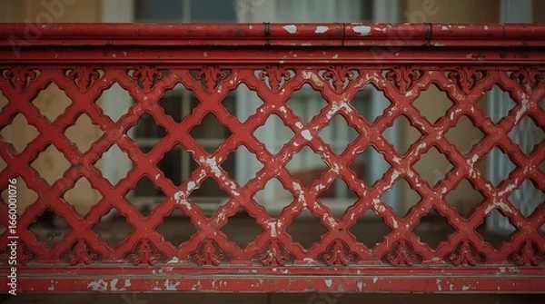 Fototapeta Weathered Red Metal Balcony Railing with Rust and Chipped Ename