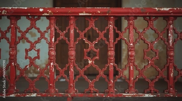 Fototapeta Weathered Red Metal Balcony Railing with Rust and Chipped Ename