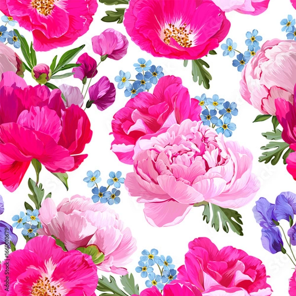 Fototapeta Pattern with peonies, wild rose flowers, roses and forget-me-not. Vector floral pattern with summer flowers and peonies. For paper, fabric, packaging and interior design.