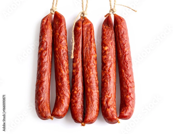 Fototapeta Long thin dry sausages hanging on white background