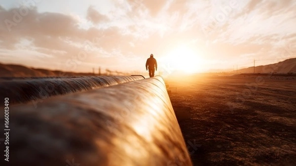 Fototapeta A lone worker inspects an oil pipeline in the desert landscape