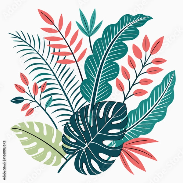 Obraz Vibrant tropical foliage arrangement with exotic botanical leaves in a diverse mix of green and pink hues, perfect for nature-inspired design.