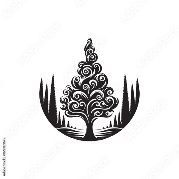 Fototapeta Black Color Cypress Tree Silhouette Vector Illustration, Solid White Background.