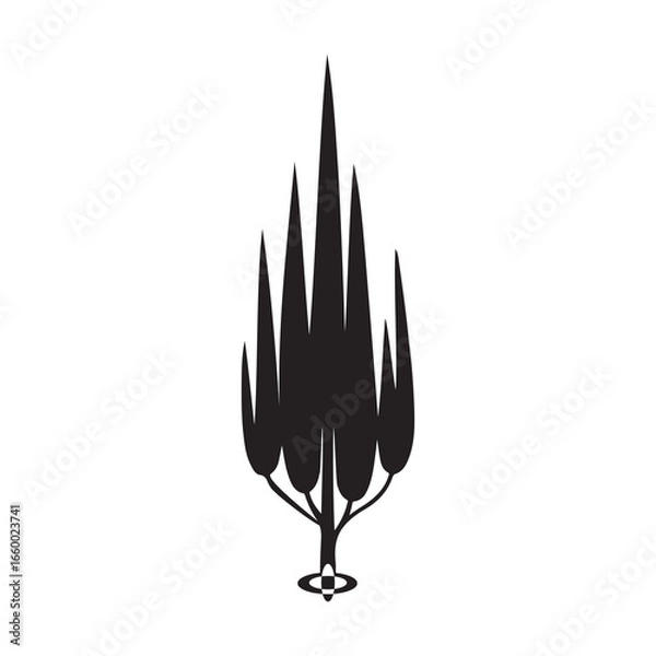 Fototapeta Black Color Cypress Tree Silhouette Vector Illustration, Solid White Background.