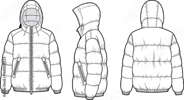 Fototapeta Puffer jacket CAD flat sketch, technical fashion drawing with hood, down winter coat vector template, front side back view