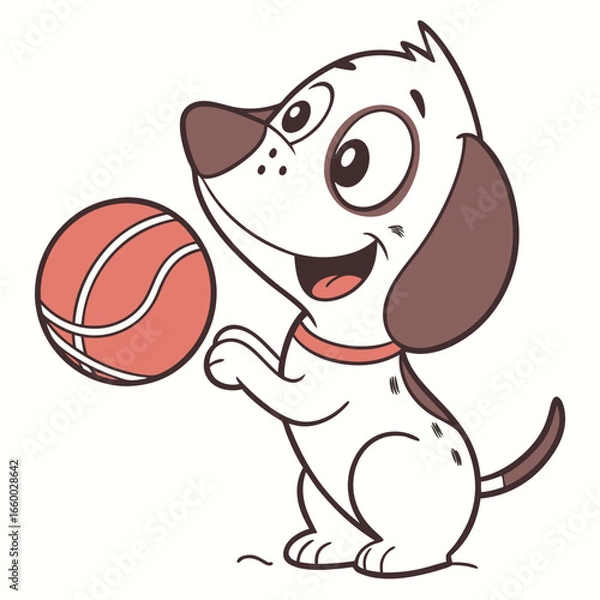 Obraz A delightful cartoon puppy with cute brown floppy ears, joyfully playing with a vibrant red and white striped ball, illustrating the simple fun and happiness of a beloved pet.