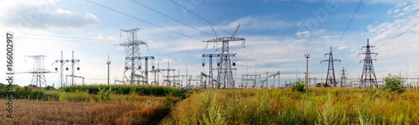 Fototapeta Panorama podstacji wysokiego napięcia. Dystrybucja energii elektrycznej.