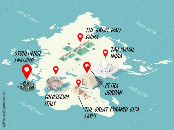 Fototapeta info graphic illustration vector isometric design concept of Wonders of the World on world map: Colosseum, Great Wall, Petra, Taj Mahal, Great Pyramid of Giza, stonehenge