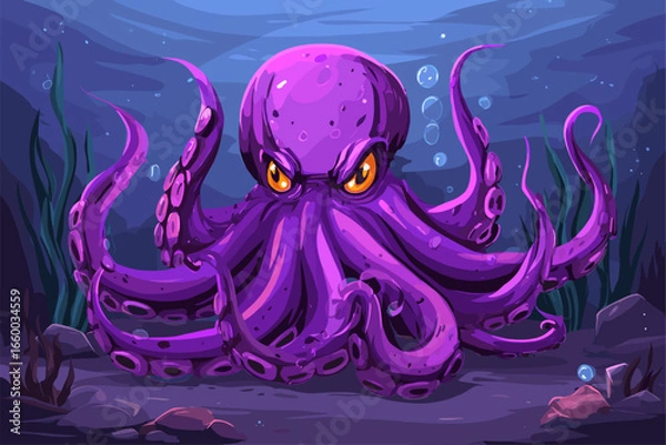 Fototapeta Vibrant Purple Octopus in Underwater Scene with Bubbles and Seaweed