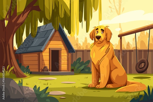 Fototapeta Charming Golden Retriever in a Serene Backyard Setting