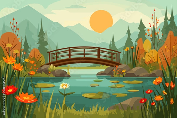 Fototapeta Serene Landscape with a Wooden Bridge Over a Tranquil Stream