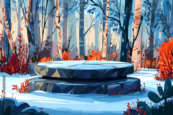 Fototapeta Mysterious Stone Platform in a Serene Winter Forest Setting