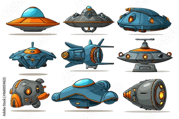 Fototapeta Set of Colorful Cartoon UFOs and Spacecraft Illustrations
