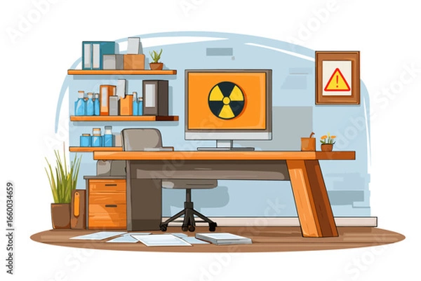 Fototapeta Modern Office Workspace with Warning Sign and Shelves