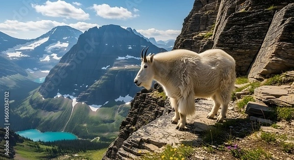 Obraz Majestic mountain goat surveys alpine landscape from rocky cliff perch scenic view