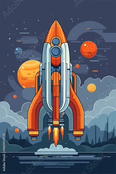 Fototapeta Futuristic Rocket Launching into Space with Colorful Planets and Stylized Background