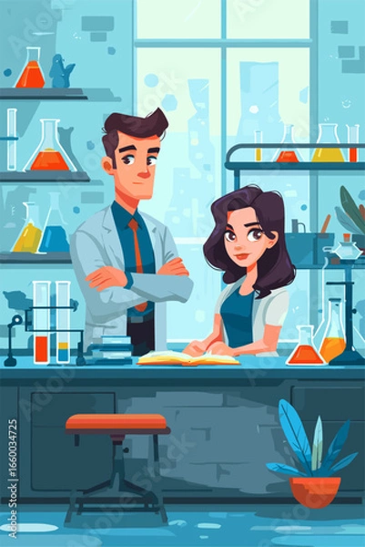 Fototapeta Modern Science Laboratory with Animated Chemists Engaged in Research