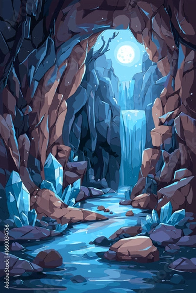 Fototapeta Mystical Cave with Waterfall and Crystals under Moonlight