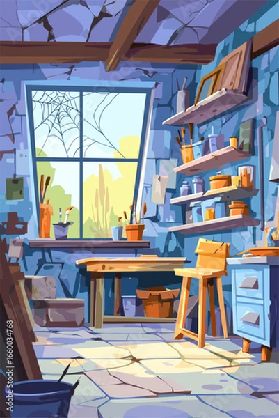 Fototapeta Colorful Art Studio Interior with Tools and Sunlight Streaming Through a Window
