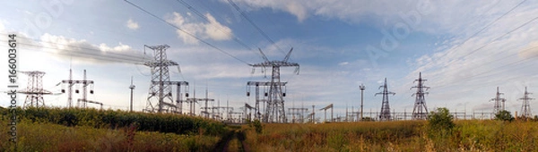 Fototapeta Panorama of high voltage substation. Distribution electrical power.