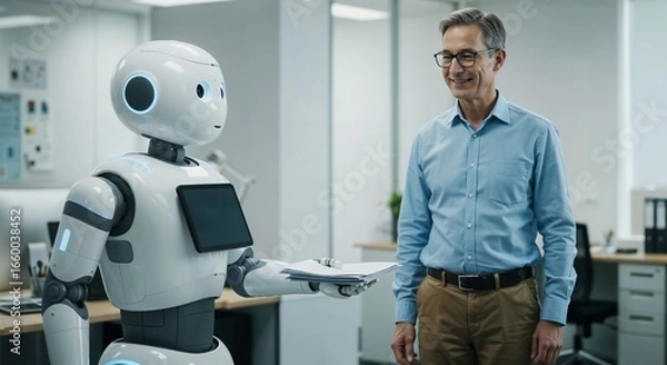Fototapeta Businessman interacting with humanoid robot in modern office  