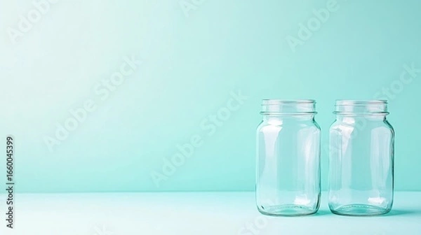 Fototapeta Two Empty Clear Glass Mason Jars on Light Aqua Blue Tabletop Against Matching Background in a Minimalist Geometric Still Life Composition