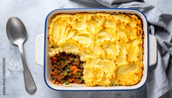 Fototapeta Overhead View of a Shepherd's Pie in a White Baking Dish