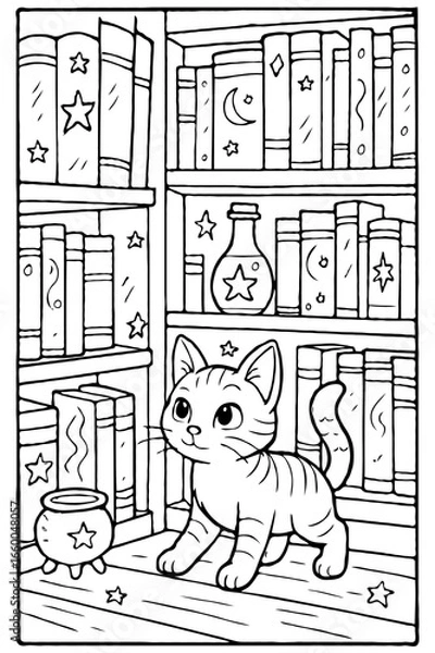 Fototapeta An adorable cat in a cozy magical library with star-filled bookshelves and a magical potion coloring page.