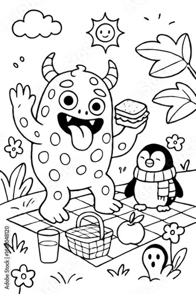 Fototapeta A cute monster and a little penguin having a happy picnic on a blanket together on a sunny day coloring page.