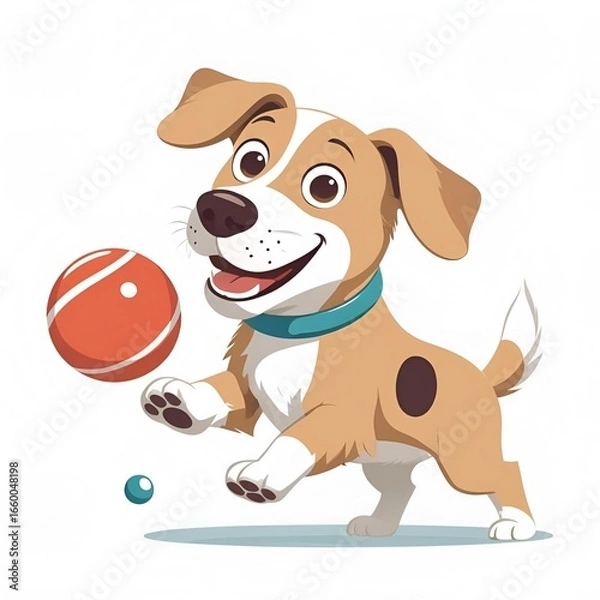 Obraz A joyful and playful cartoon dog with brown and white fur happily chases a red ball, embodying the spirit of a beloved and energetic pet ready for fun and games.