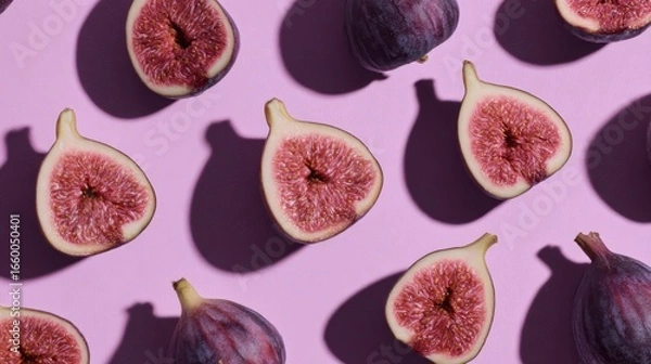 Fototapeta A repeating pattern of fresh halved and whole figs arranged in diagonal rows casting soft shadows on a smooth pastel pink background, emphasizing intricate fruit interior textures.