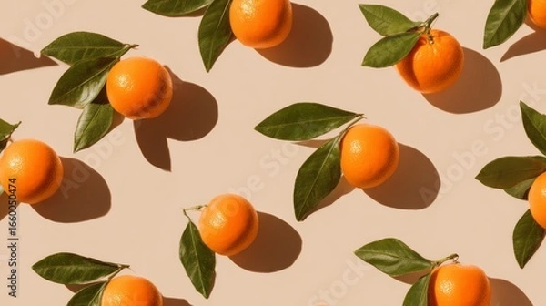 Fototapeta A seamless pattern of whole ripe oranges with green leaves arranged in neat diagonal rows casting soft shadows on a smooth pale beige background, highlighting fresh citrus textures.