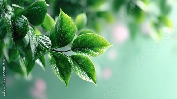 Fototapeta Fresh Green Leaves on Branch with Soft Bokeh Background in Springtime