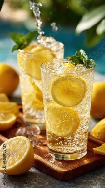 Fototapeta Refreshing Lemonade with Ice and Mint on Wooden Tray, Summer Drink