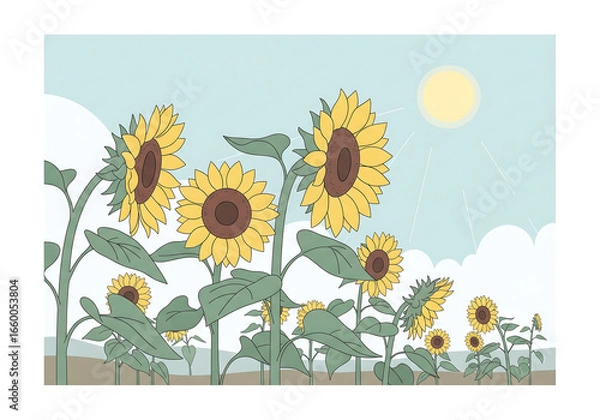 Obraz 夏の青空と元気なひまわり畑の淡い手描き風イラスト
