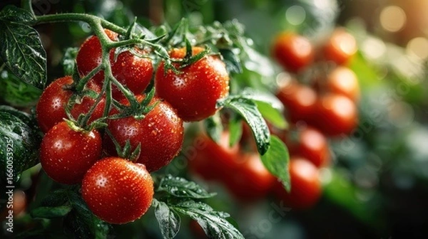 Fototapeta Fresh Red Tomatoes on the Vine with Water Droplets in Garden, Close Up