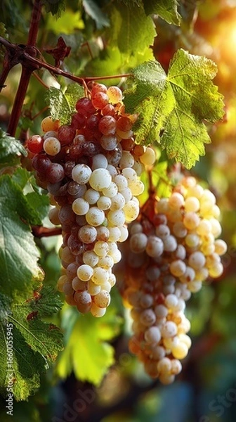 Fototapeta Ripe White Grapes Hanging on the Vine in a Vineyard on a Sunny Day