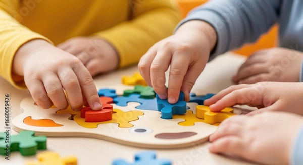 Fototapeta Young Children's Hands Playing with Colorful Jigsaw Puzzle on Wooden Table Educational Game Enhancing Fine Motor Skills and Cognitive Development in Early Childhood