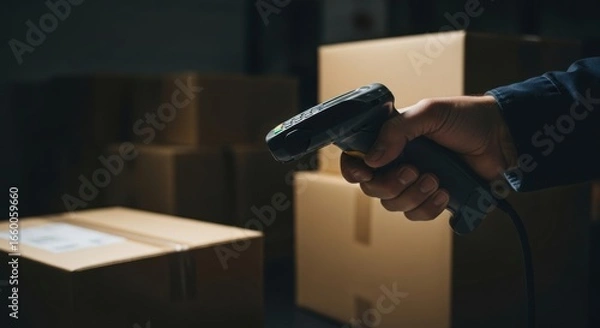 Obraz Worker Hand Using Barcode Scanner in Warehouse with Cardboard Boxes