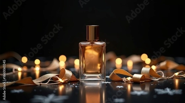 Obraz Elegant glass perfume bottle on a dark surface surrounded by golden ribbons and soft glowing lights for a festive atmosphere