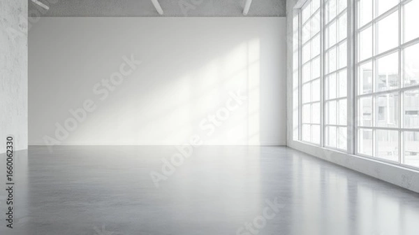 Fototapeta Bright Empty Room with Large Windows and Concrete Floor in Modern Architecture Design with Sunlight and Shadows Minimalist Space Interior