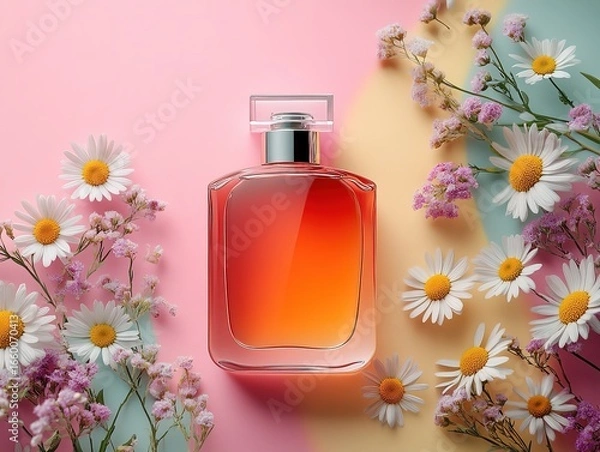 Fototapeta A bottle of perfume on a pastel-colored background with daisies and flowers.