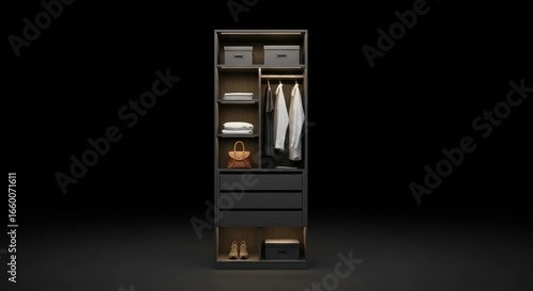 Fototapeta Sleek Dark Modern Wardrobe with Organized Clothes and Storage.