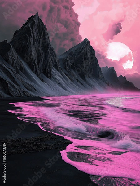 Fototapeta Surreal beachscape with pink waves under a glowing moonlit sky