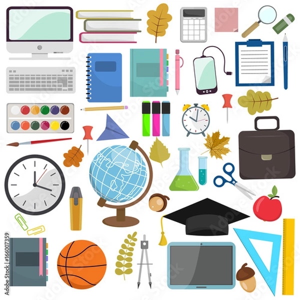 Fototapeta School and education items in the workplace. Vector illustration flat illustration of school supplies. Isolated schools working education accessories on white background. Infographic elements for web